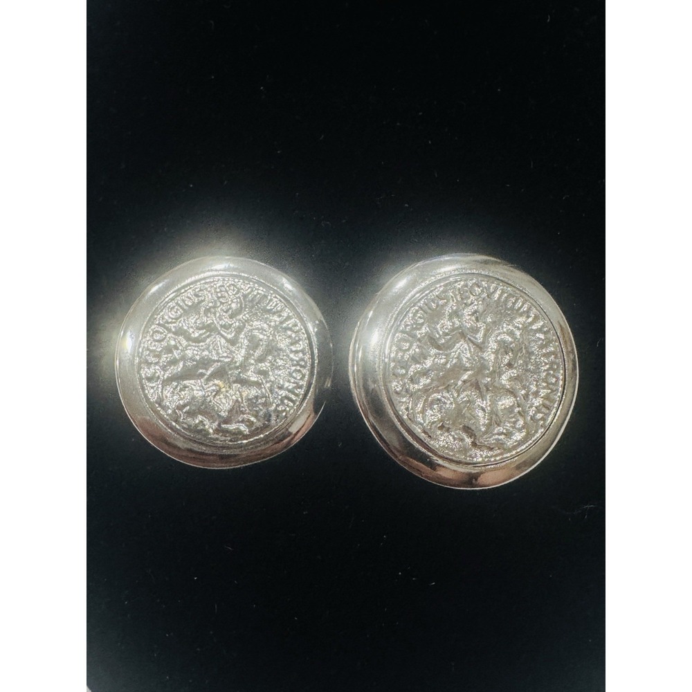 St. John Silver Tone Coin Clip On Earrings Vintage Designer Medallion